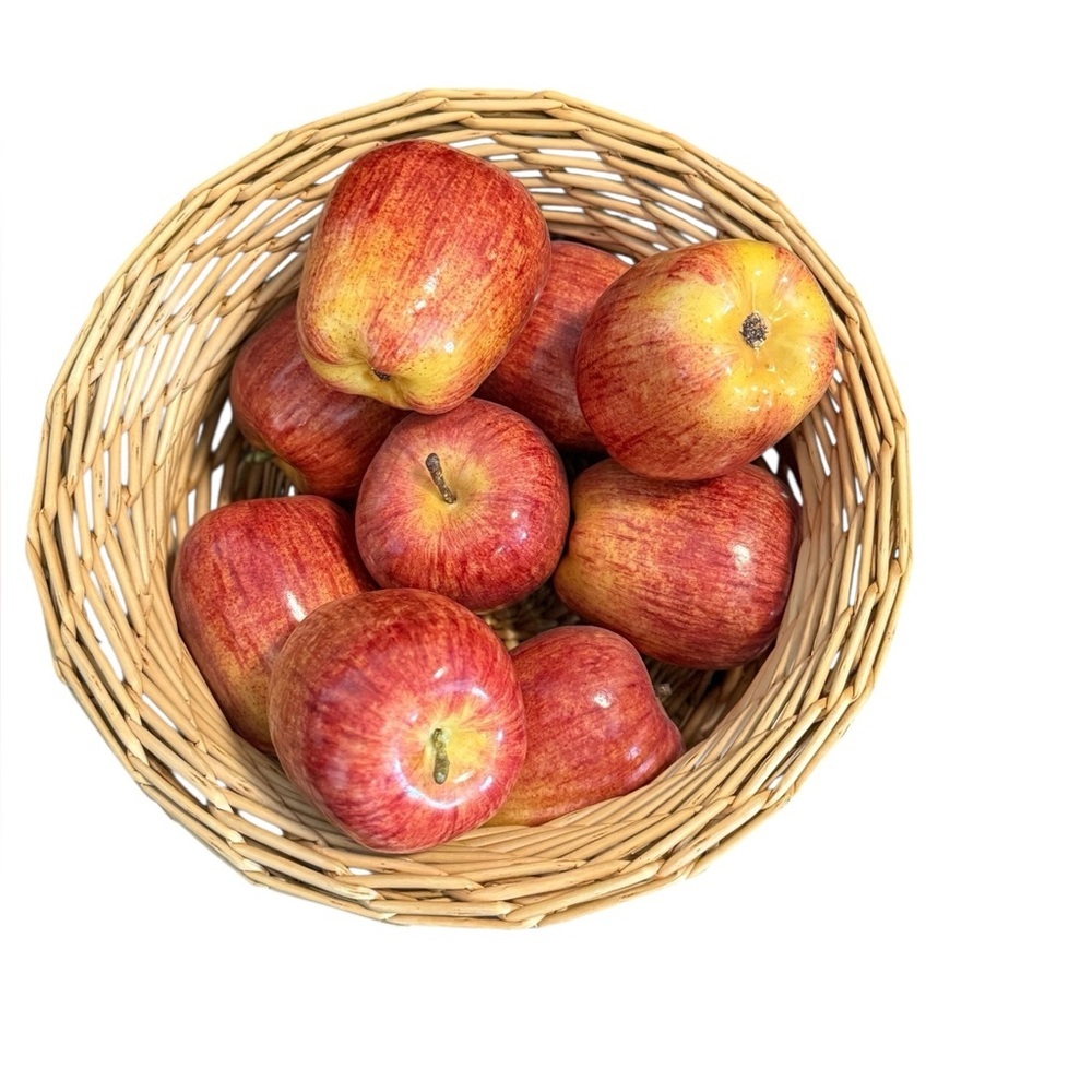 Decorative Display 9 Realistic Faux Red Apples in 11” Woven Basket Lightweight